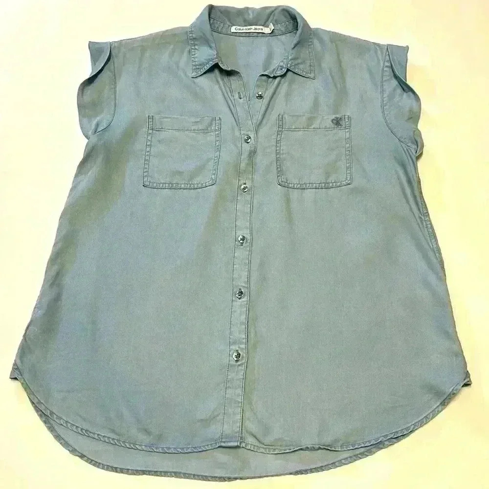 Calvin Klein Denim Button Up Women's Medium Sleeveless Summer Festival Boho Farm
